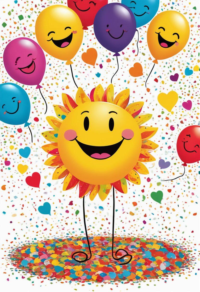 A whimsical illustration of a colorful display of humorous greeting cards featuring quirky characters and silly messages, set against a cheerful, bright backdrop. Include elements like confetti, balloons, and a smiling sun to evoke joy and creativity. The scene should be bursting with vibrant colors and playful designs that inspire laughter. cartoon style. vibrant colors. white background.