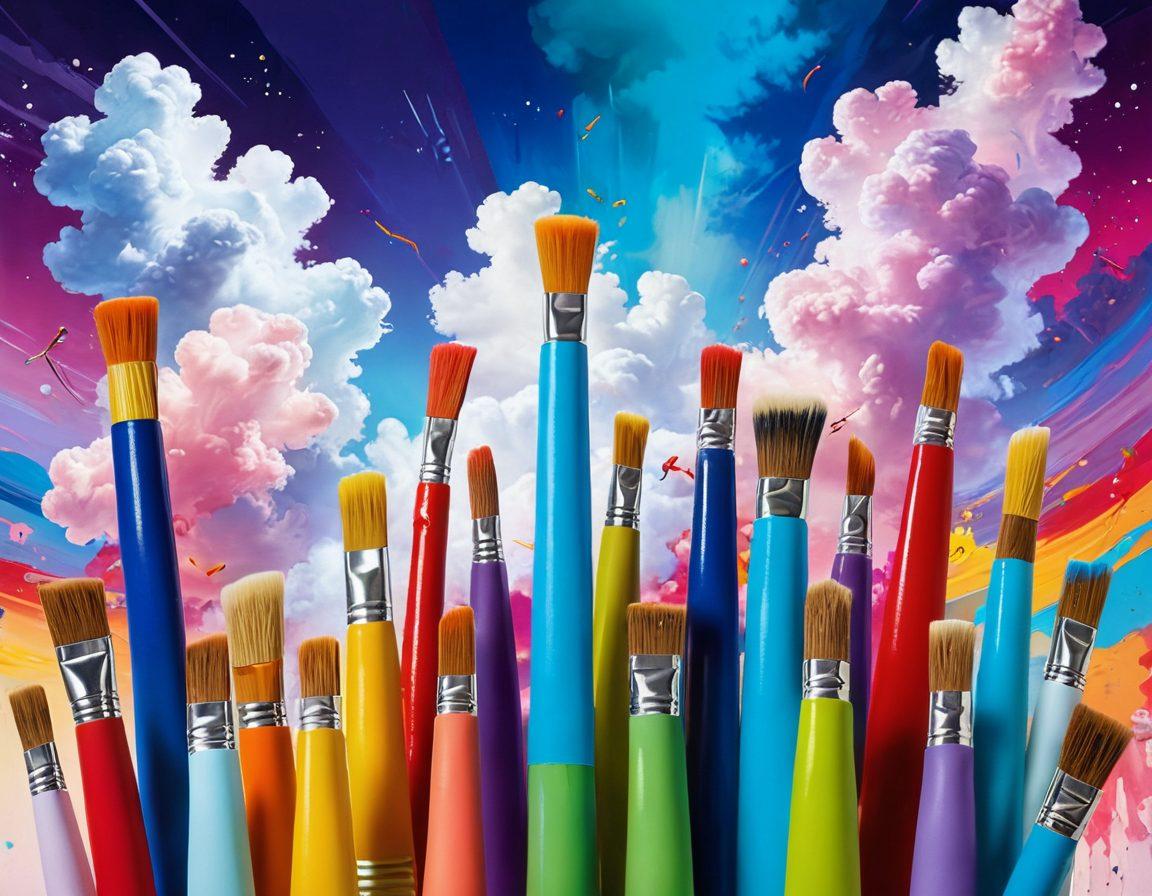 A whimsical scene featuring diverse artists joyfully creating playful designs, surrounded by vibrant splashes of color and abstract shapes. Include elements that symbolize laughter, like oversized paintbrushes tickling giant paint tubes with smiling faces. The background should have a surreal, dream-like quality with a colorful sky filled with smiling clouds. Artistic tools and quirky designs should be scattered around to emphasize creativity. super-realistic. vibrant colors. 3D.