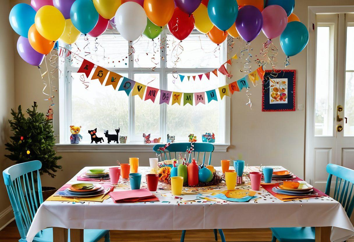 A whimsical scene featuring a variety of colorful and playful humorous greeting cards scattered on a cheerful table, with a few cards playfully propped up in the air. Incorporate elements of laughter, like cartoonish smiles and giggles swirling around, alongside fun party decorations like balloons and confetti. The background showcases a sunlit room filled with joy and warmth. bold colors, cartoon style, vibrant atmosphere.